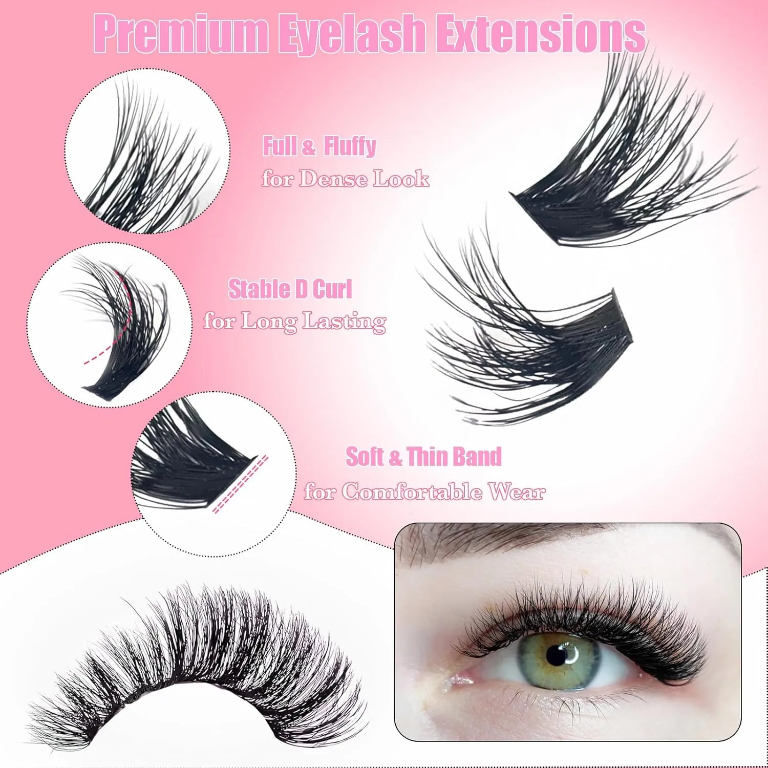DAODER Thick Short Eyelash Extension Kit 9-13MM Wispy Fluffy Lash Clusters Kit with Remover 50D 60D 80D 100D Cluster Eyelash Extensions D Curl with Bond And Seal 640pcs (50D 60D 80D 100D Kit 9-13MM)