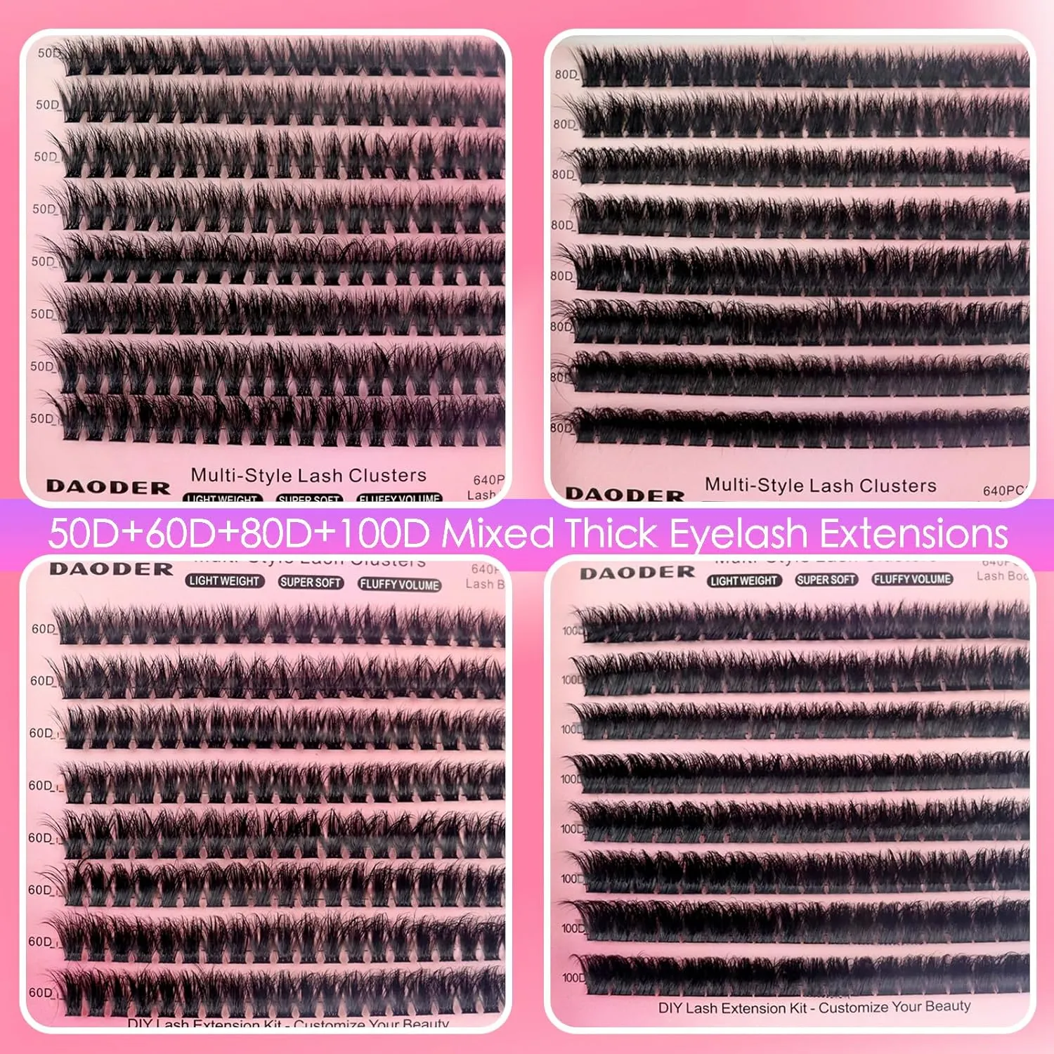 DAODER Thick Short Eyelash Extension Kit 9-13MM Wispy Fluffy Lash Clusters Kit with Remover 50D 60D 80D 100D Cluster Eyelash Extensions D Curl with Bond And Seal 640pcs (50D 60D 80D 100D Kit 9-13MM)