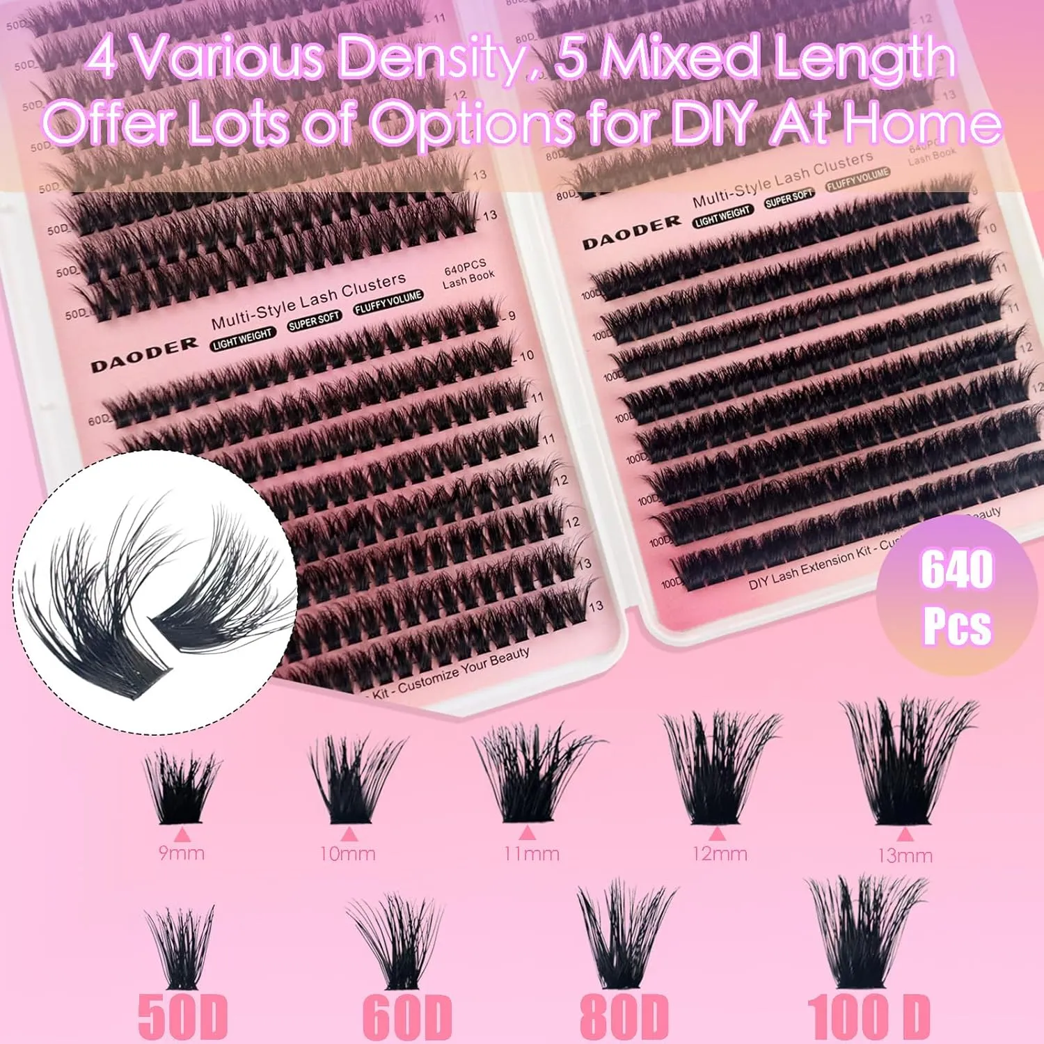DAODER Thick Short Eyelash Extension Kit 9-13MM Wispy Fluffy Lash Clusters Kit with Remover 50D 60D 80D 100D Cluster Eyelash Extensions D Curl with Bond And Seal 640pcs (50D 60D 80D 100D Kit 9-13MM)