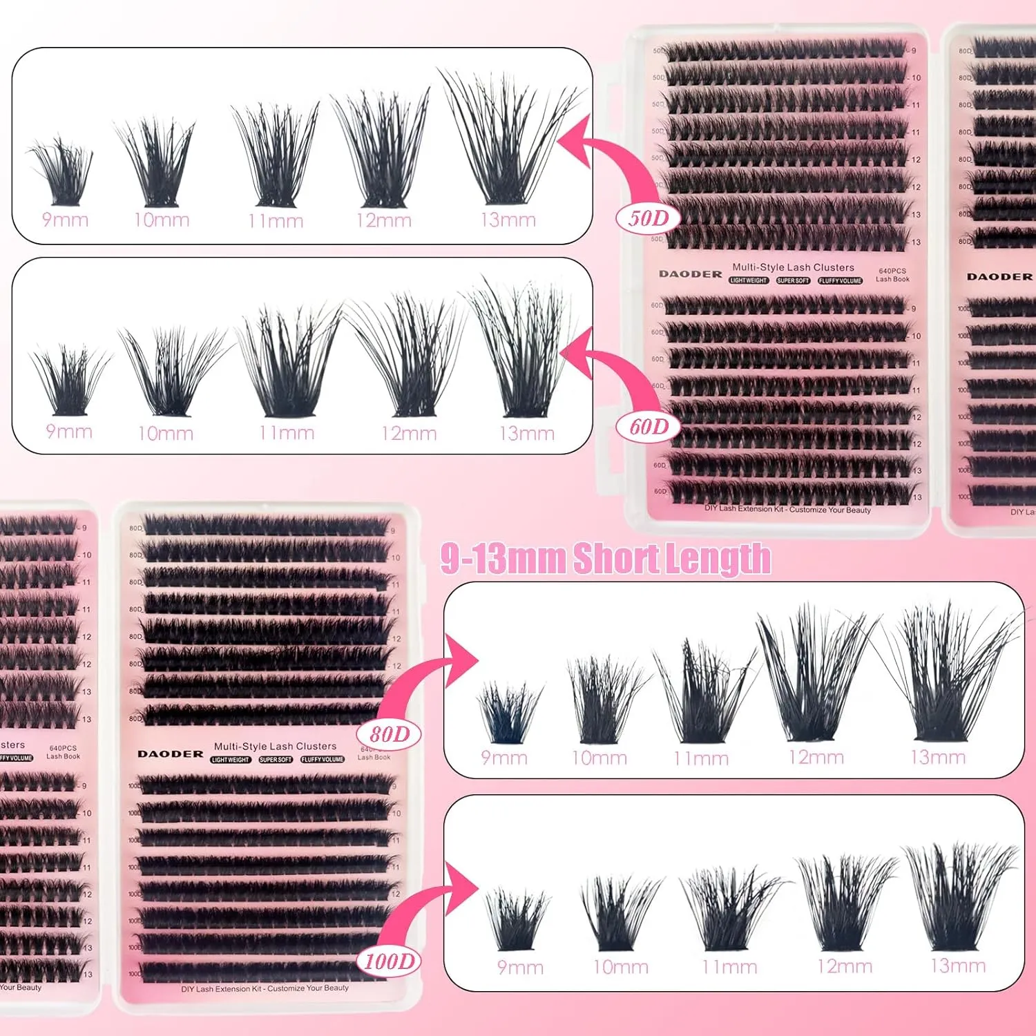 DAODER Thick Short Eyelash Extension Kit 9-13MM Wispy Fluffy Lash Clusters Kit with Remover 50D 60D 80D 100D Cluster Eyelash Extensions D Curl with Bond And Seal 640pcs (50D 60D 80D 100D Kit 9-13MM)