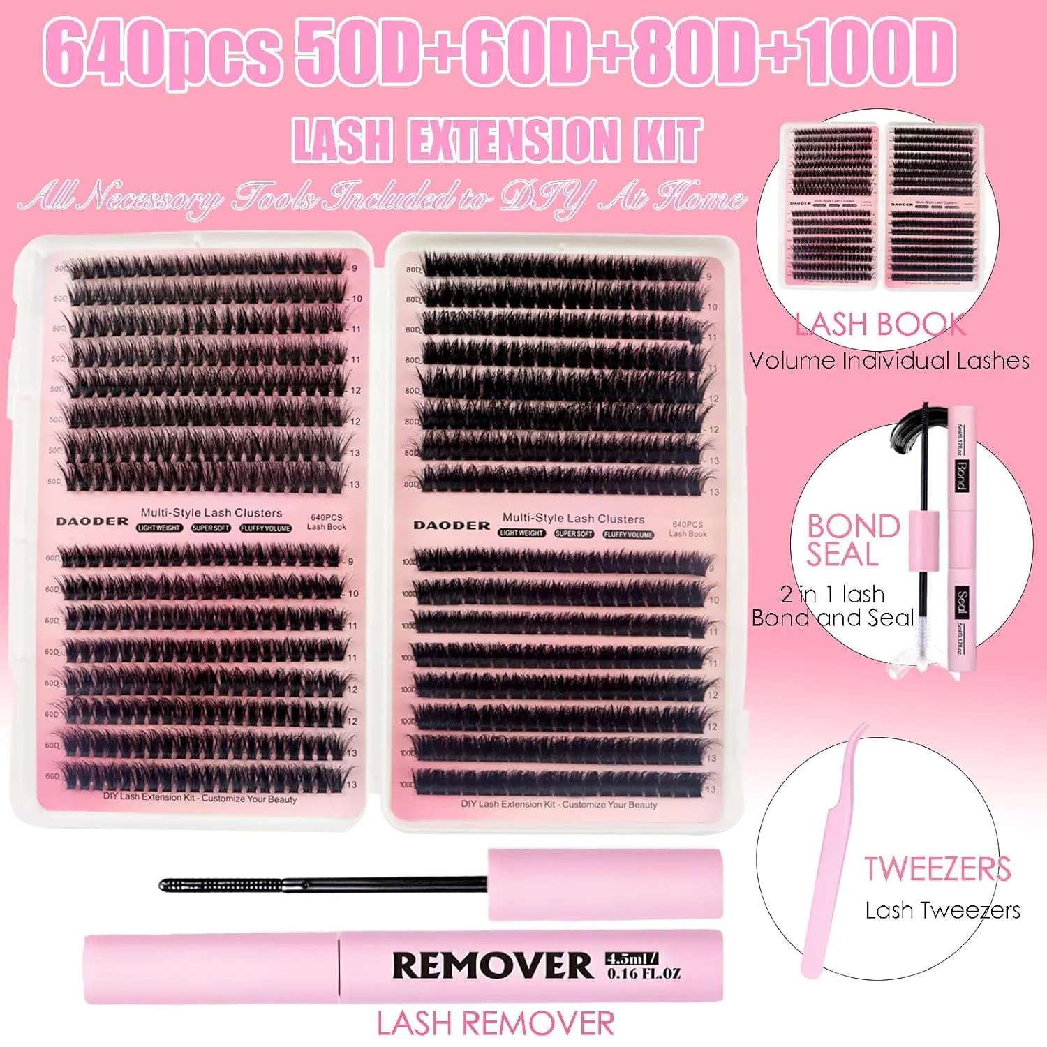 DAODER Thick Short Eyelash Extension Kit 9-13MM Wispy Fluffy Lash Clusters Kit with Remover 50D 60D 80D 100D Cluster Eyelash Extensions D Curl with Bond And Seal 640pcs (50D 60D 80D 100D Kit 9-13MM)