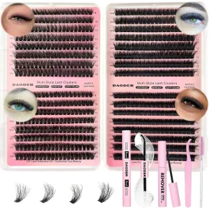 DAODER Thick Short Eyelash Extension Kit 9-13MM Wispy Fluffy Lash Clusters Kit with Remover 50D 60D 80D 100D Cluster Eyelash Extensions D Curl with Bond And Seal 640pcs (50D 60D 80D 100D Kit 9-13MM)