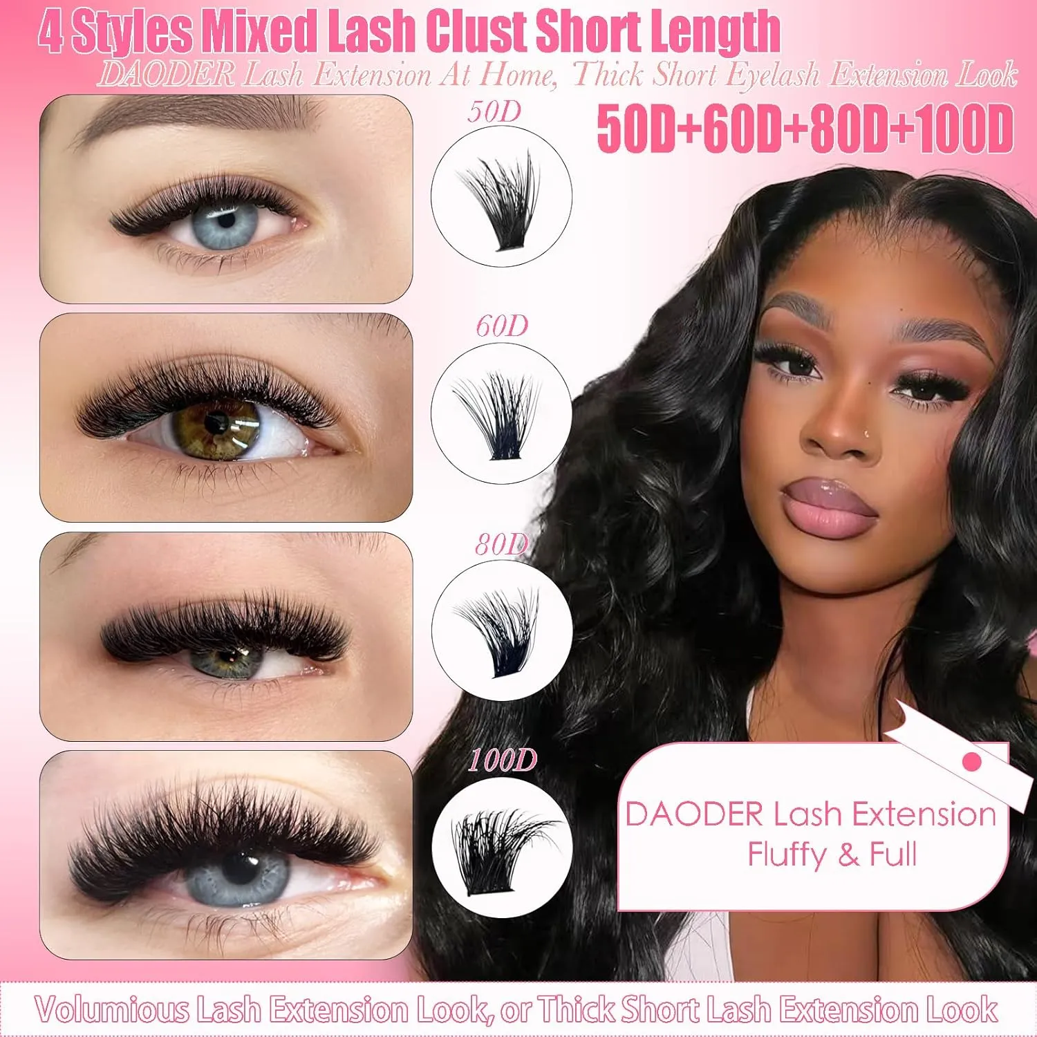 DAODER Thick Short Eyelash Extension Kit 9-13MM Wispy Fluffy Lash Clusters Kit with Remover 50D 60D 80D 100D Cluster Eyelash Extensions D Curl with Bond And Seal 640pcs (50D 60D 80D 100D Kit 9-13MM)