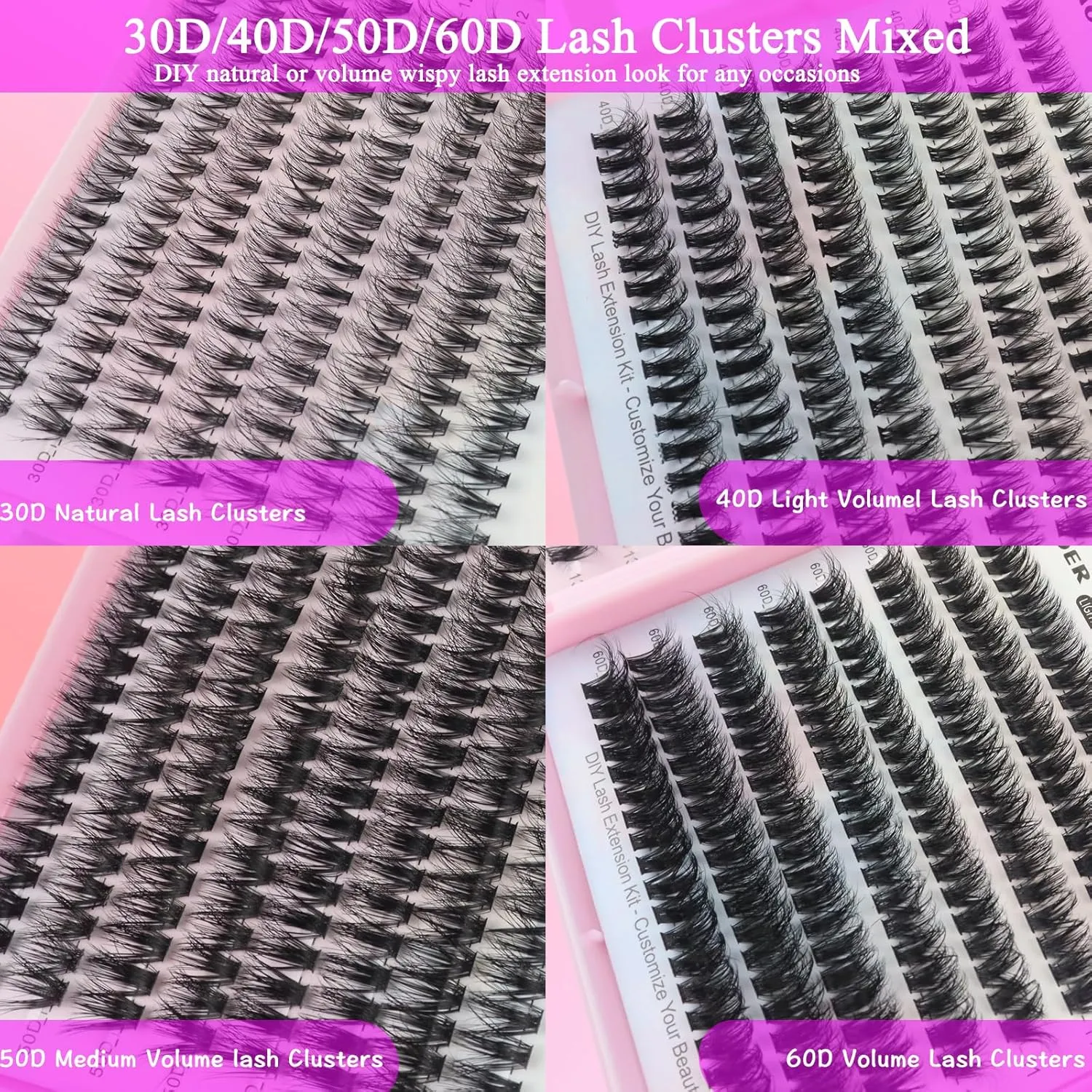 DAODER Wispy Lash Extension Kit 640Pcs Cluster Lashes Natural Look, Short Lash Clusters Kit 9-13mm 30D 40D 50D 60D D Curl Individual Lashes Kit with Lash Bond Seal Remover(30D 40D 50D 60D Kit 9-13mm)