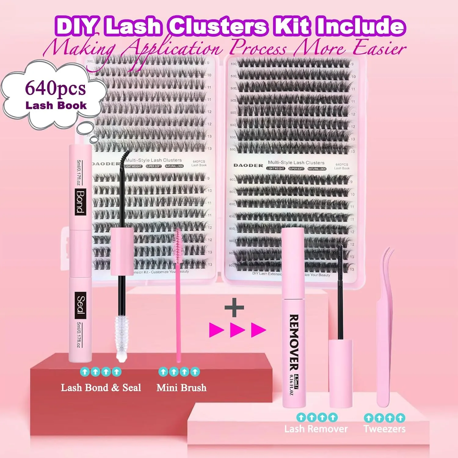 DAODER Wispy Lash Extension Kit 640Pcs Cluster Lashes Natural Look, Short Lash Clusters Kit 9-13mm 30D 40D 50D 60D D Curl Individual Lashes Kit with Lash Bond Seal Remover(30D 40D 50D 60D Kit 9-13mm)