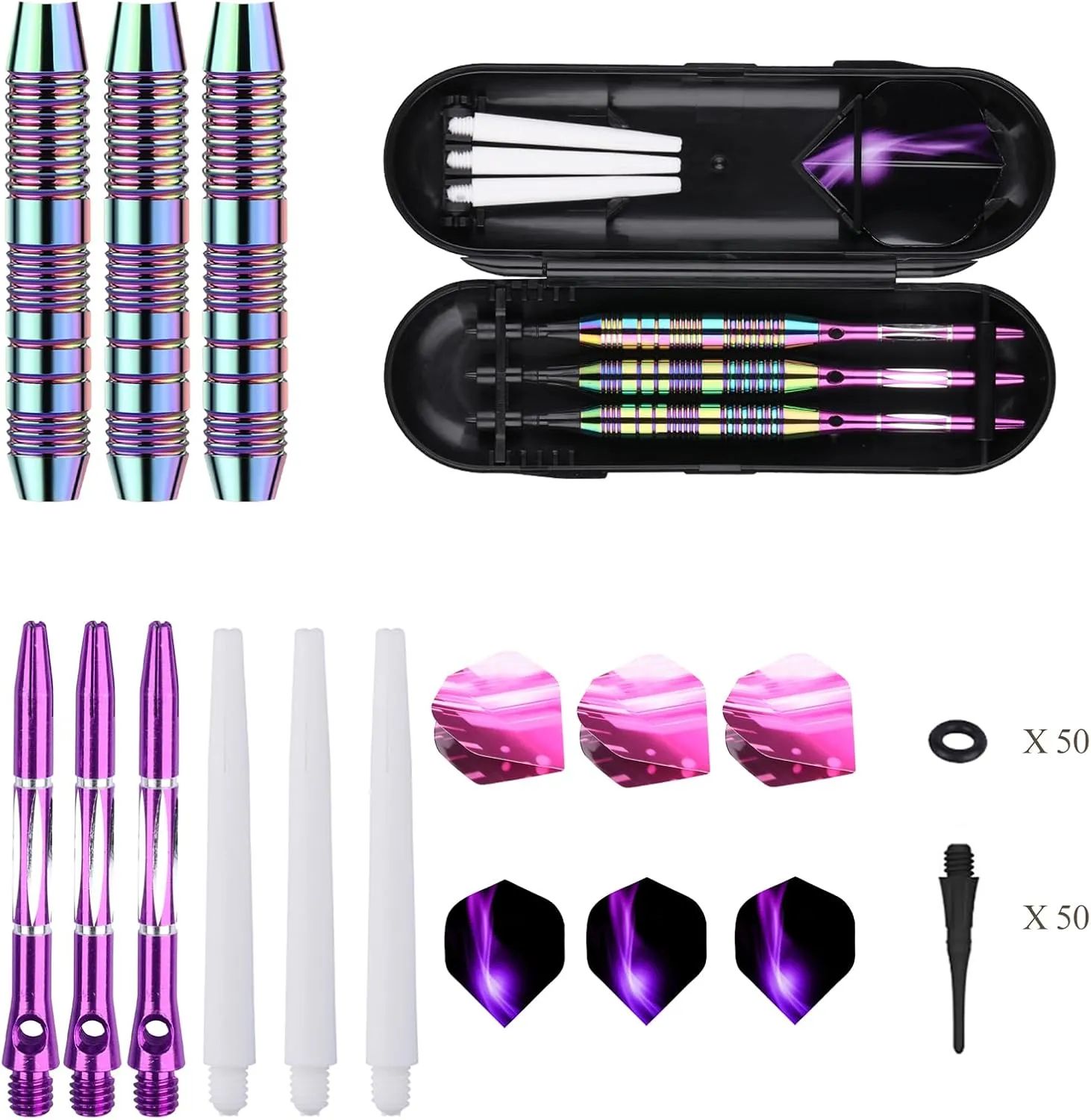 Darts Plastic Tip Set - 18g 21g Colorful Rainbow Soft Tip Darts 50 Anti-Loose O-Rings 6 Shaft (Aluminum/Nylon 45mm) 6 Durable Flights Extra 50 Soft Tips Electronic Dartboard