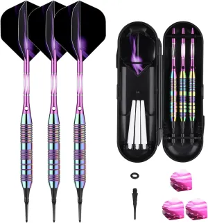 Darts Plastic Tip Set - 18g 21g Colorful Rainbow Soft Tip Darts 50 Anti-Loose O-Rings 6 Shaft (Aluminum/Nylon 45mm) 6 Durable Flights Extra 50 Soft Tips Electronic Dartboard
