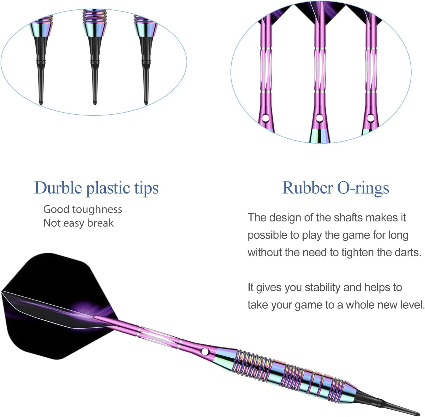 Darts Plastic Tip Set - 18g 21g Colorful Rainbow Soft Tip Darts 50 Anti-Loose O-Rings 6 Shaft (Aluminum/Nylon 45mm) 6 Durable Flights Extra 50 Soft Tips Electronic Dartboard