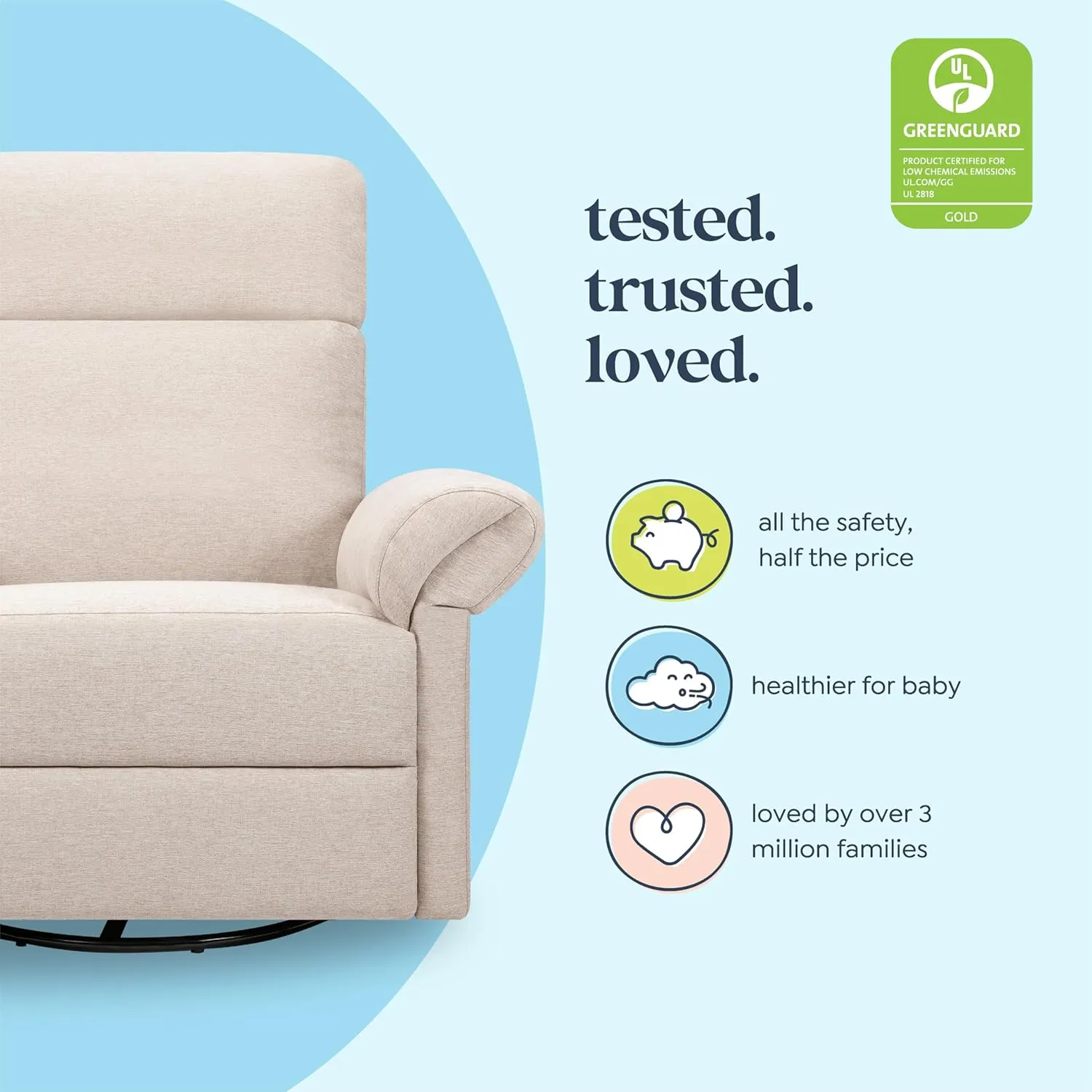 DaVinci Suzy Flex Nursery Recliner and Swivel Glider with Adjustable Headrest and Armrests, High Pillowback in Beach | GREENGUARD Gold, FSC, CertiPUR-US® Certified