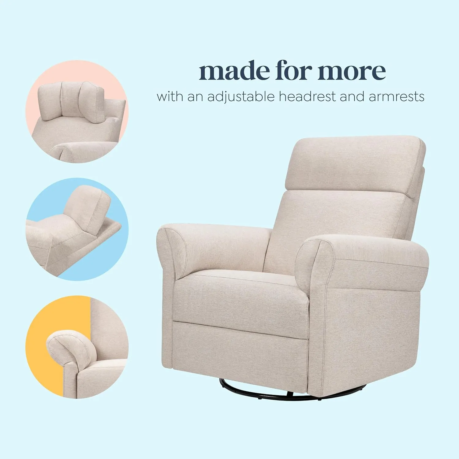 DaVinci Suzy Flex Nursery Recliner and Swivel Glider with Adjustable Headrest and Armrests, High Pillowback in Beach | GREENGUARD Gold, FSC, CertiPUR-US® Certified