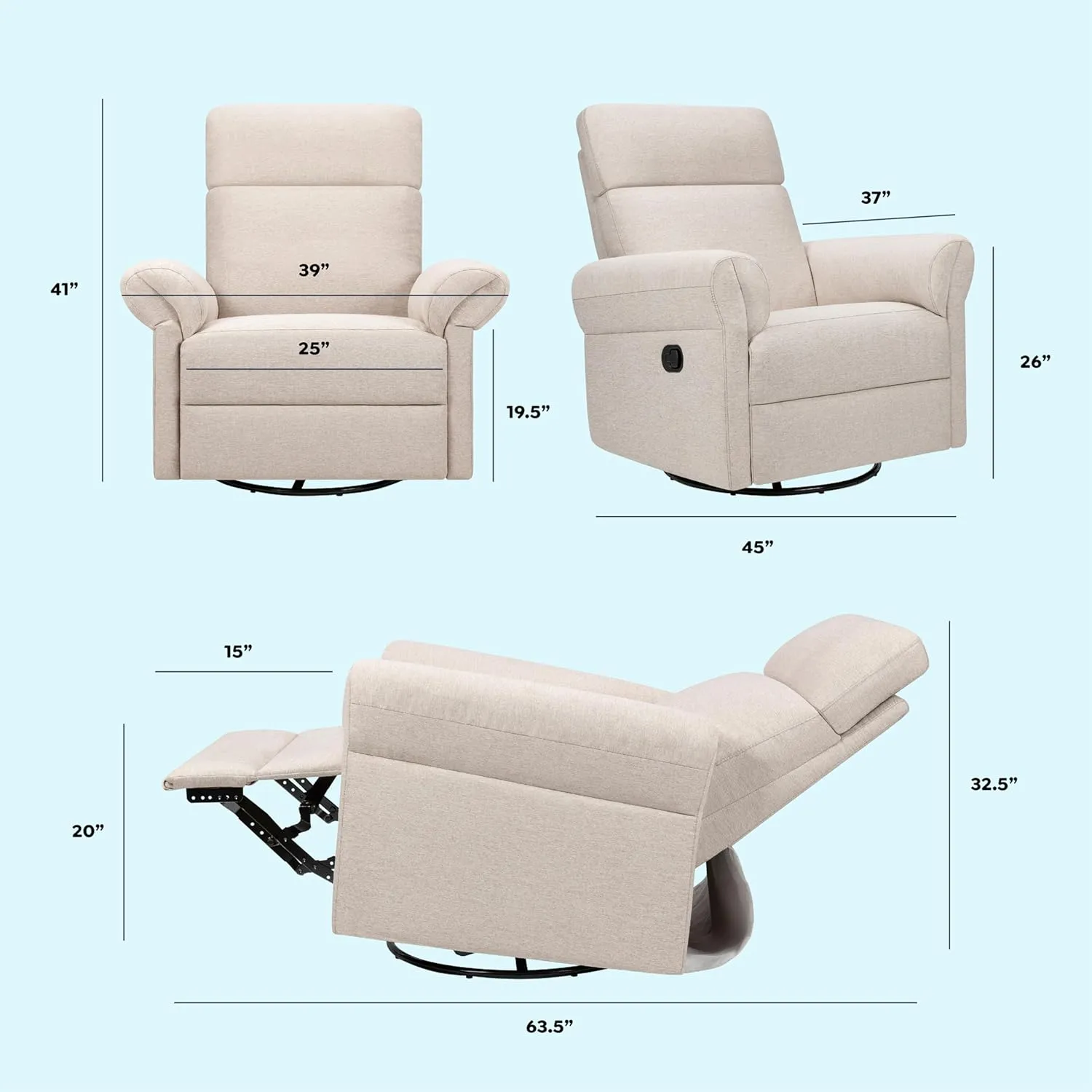 DaVinci Suzy Flex Nursery Recliner and Swivel Glider with Adjustable Headrest and Armrests, High Pillowback in Beach | GREENGUARD Gold, FSC, CertiPUR-US® Certified