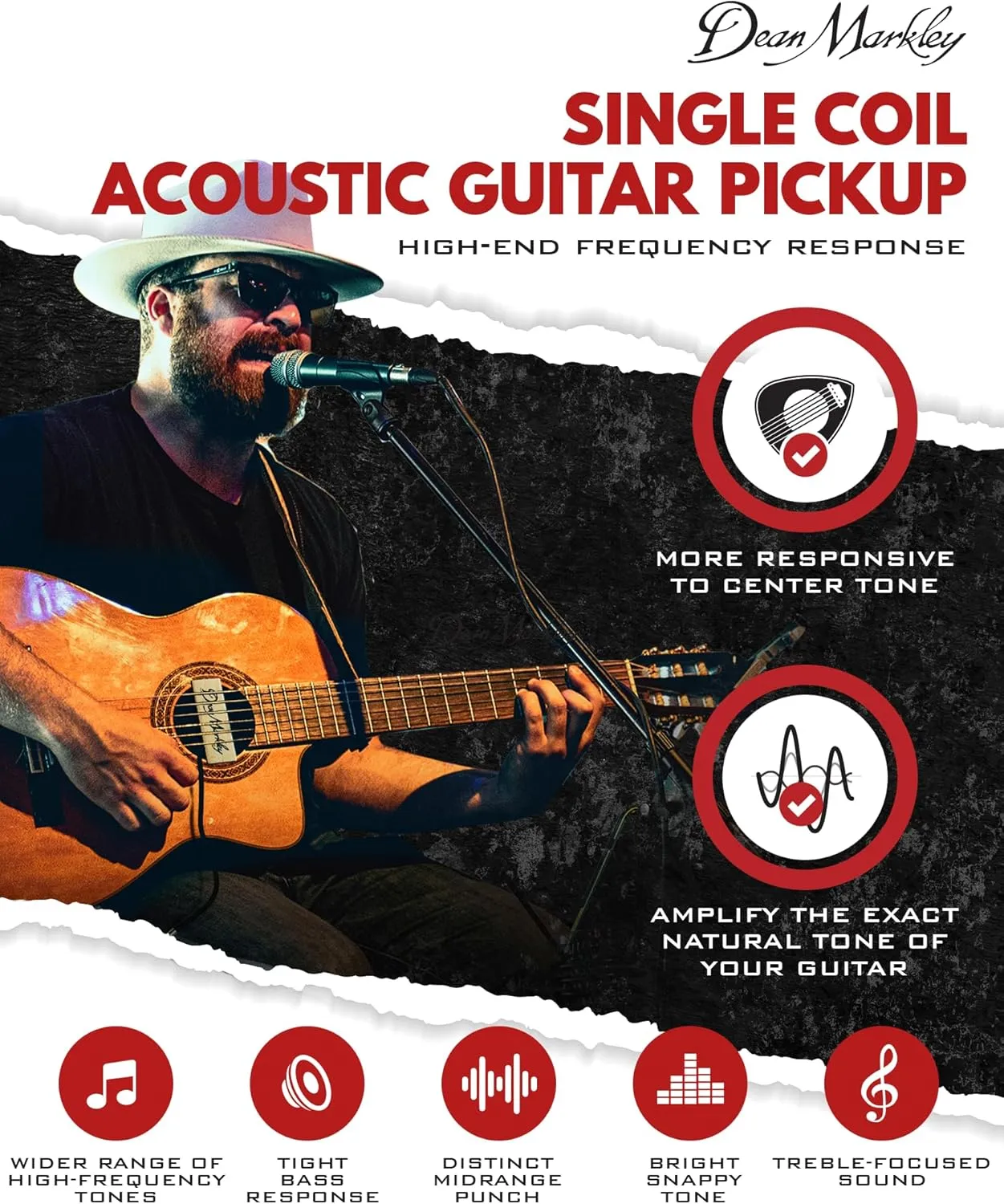 Dean Markley Pro Mag Plus XM Acoustic Guitar Single Coil Pickup, Smooth Maple Wood Design Active Soundhole Pickup Ebony Finish, Perfect String Balance and 15 Ft Low Noise for Steel-String Guitars