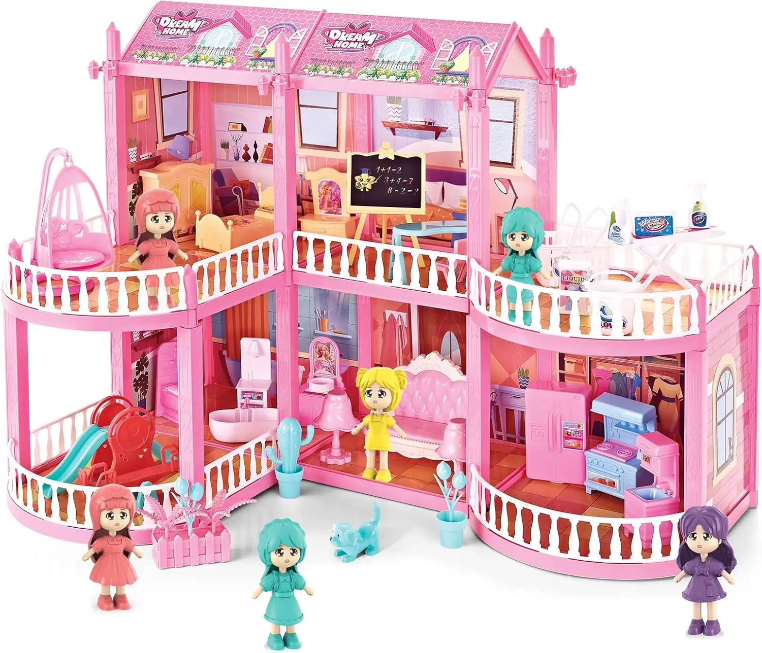 deAO Dollhouse for Girls,2-Story 6 Rooms Princess Girls Doll House Kit with 6 Dolls and Dollhouse Furnitures,DIY Play House for Girls Ages 4 5 6 7 