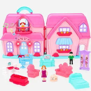 deAO Dollhouse Toys With Light and Music, Portable Playset With Carry Handle, 2-Story Doll House With Furniture for Girls, Boys & Kids