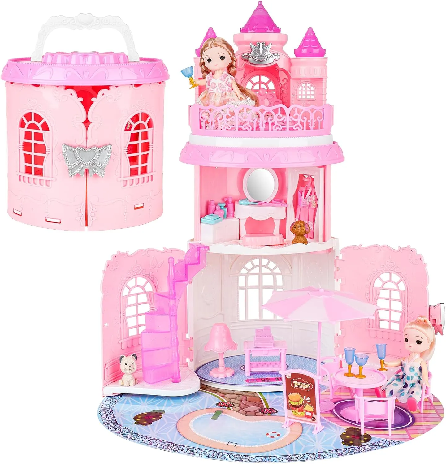deAO Portable Doll House Playset Castle with 2 Doll Toy Figures, Living Room, Bedroom, Balcony & Accessories for 3 to 7 Year Olds Kids (Pink)