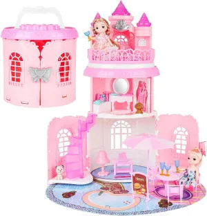 deAO Portable Doll House Playset Castle with 2 Doll Toy Figures, Living Room, Bedroom, Balcony & Accessories for 3 to 7 Year Olds Kids (Pink)
