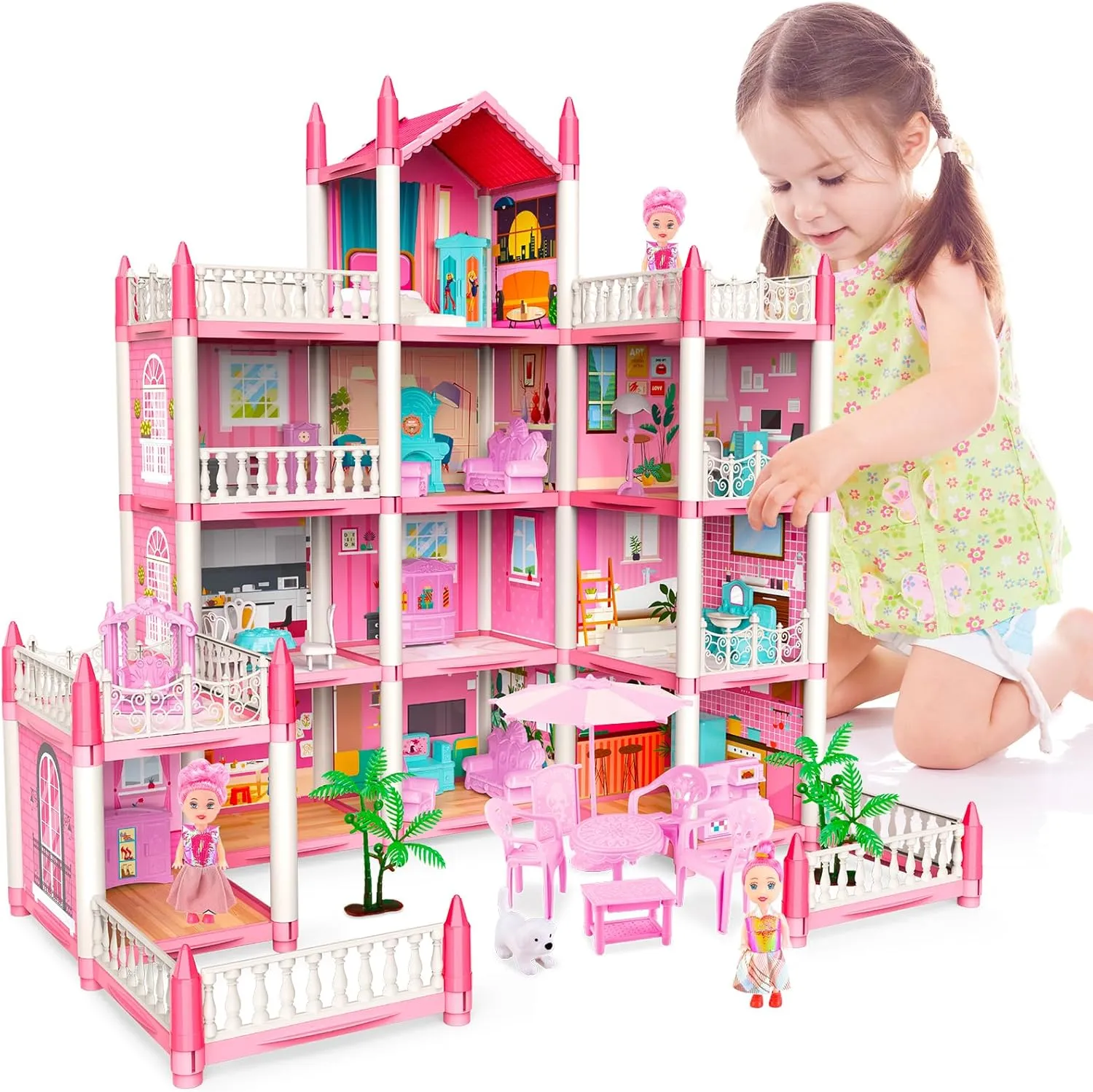 deAO Princess Girl Toys 4-Story 14 Room Dollhouse Playset with 4 Dolls, Furniture & Accessories, Princess Castle Toy for 3-8 Kids