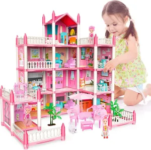 deAO Princess Girl Toys 4-Story 14 Room Dollhouse Playset with 4 Dolls, Furniture & Accessories, Princess Castle Toy for 3-8 Kids