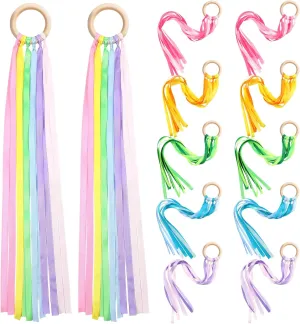 Deekin 12 Pcs Rainbow Ribbon Wooden Waldorf Toys Creative Waldorf Hand Kite Set Streamers with Wood Ring Sensory Learning Educational Toy for Playroom Dancing Birthday(Cute Color)