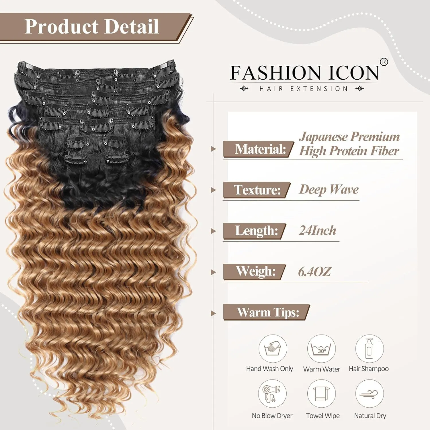 Deep Wave Clip In Hair Extension Human Hair Feeling Double Weft Hairpiece Synthetic For Women Thick Ombre Hair Extension Clips Natural Looking 24 Inch(T1B/27)
