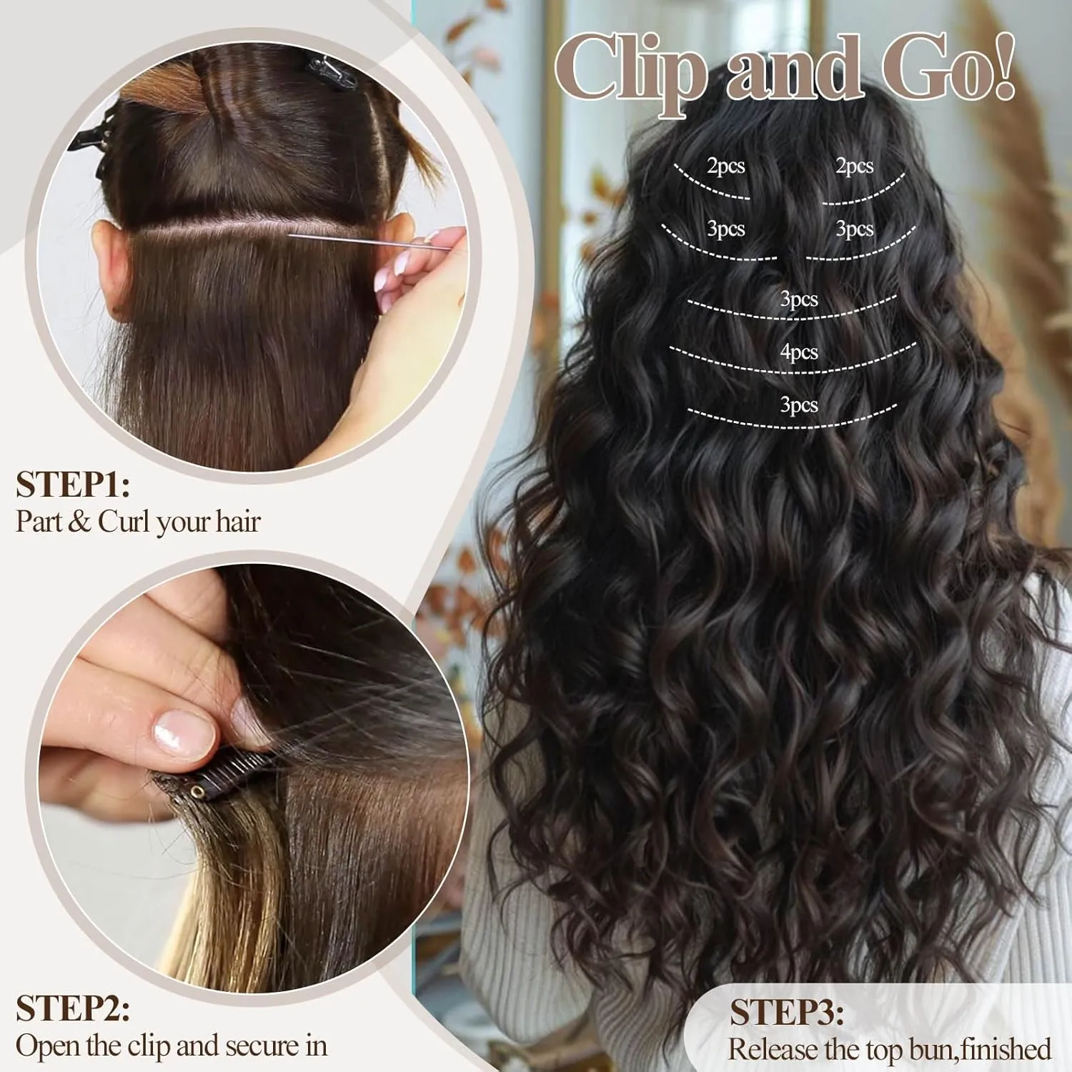 Deep Wave Clip In Hair Extension Human Hair Feeling Double Weft Hairpiece Synthetic For Women Thick Ombre Hair Extension Clips Natural Looking 24 Inch(T1B/27)