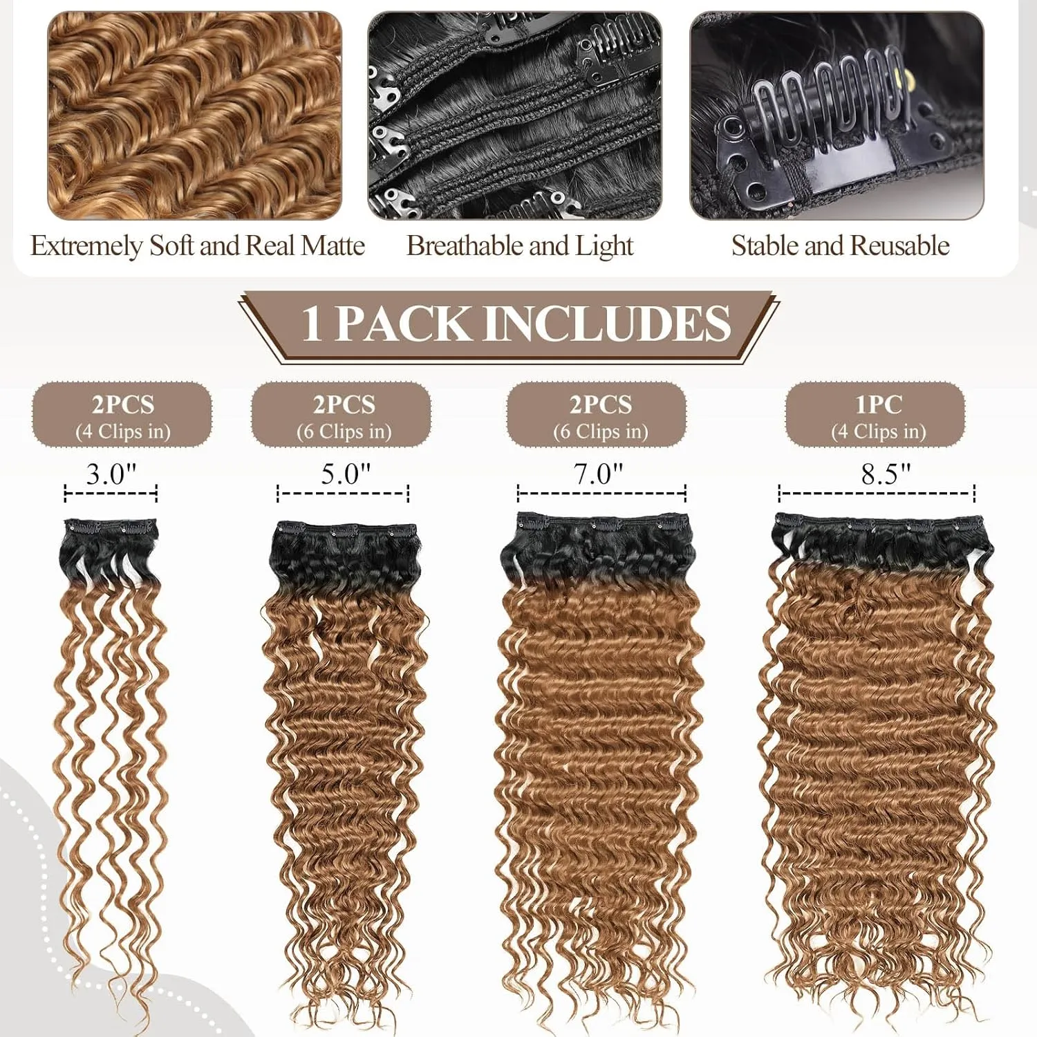 Deep Wave Clip In Hair Extension Human Hair Feeling Double Weft Hairpiece Synthetic For Women Thick Ombre Hair Extension Clips Natural Looking 24 Inch(T1B/27)