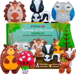 DeFieltro Sewing Kit for Kids Forest Animals Creative & EDUCACIONAL - Beautiful Complete Sewing Craft Kit with Easy-Perforation Felt for Kids - Beginners Sewing Kit for Hours of Fun Ages 8-12