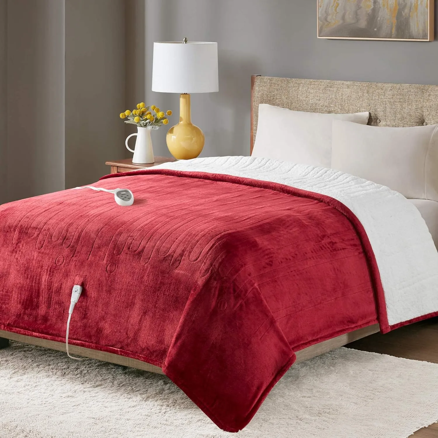 Degrees of Comfort Sherpa Plush Heated Blanket, Full Size Bed Electric Blankets with 20 Heat Settings Controller | 1-10 Hour Auto Shut Off |Washable, 72" X 84" Red