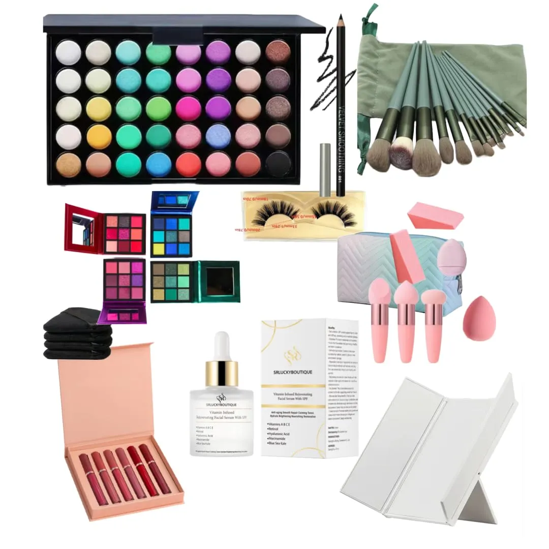 Deluxe makeup gift set- Vitamin infused facial serum-71 eyeshadow colors-6 matte lipstick- mink eye lashes-Brow pencil- Makeup brushes and sponges-Complete Set (Rainbow 35 color palette)