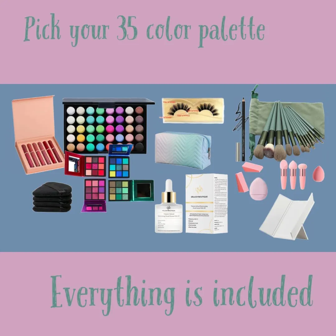 Deluxe makeup gift set- Vitamin infused facial serum-71 eyeshadow colors-6 matte lipstick- mink eye lashes-Brow pencil- Makeup brushes and sponges-Complete Set (Rainbow 35 color palette)