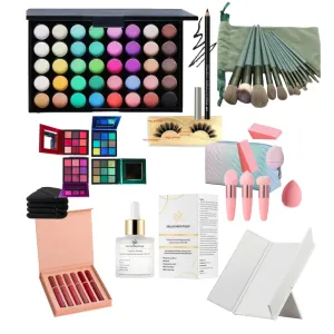 Deluxe makeup gift set-Vitamin Infused Facial Serum SPF-71 eyeshadow colors-6 matte lipstick- mink eye lashes-Brow pencil- Makeup brushes and sponges-Complete Set (Glitter 35 color palette)