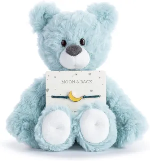 DEMDACO Beary Charmings 8 Inch Stuffed Plush Animal Bear and Adjustable Charm Bracelet 2 Piece Set Blue and White Moon & Back