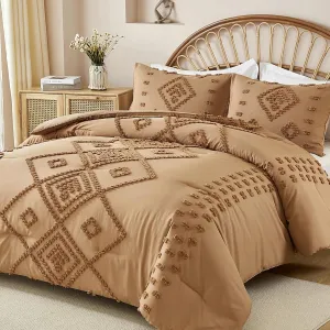 Dinjoy Burnt Orange Bed in Bag King,Tufted Boho Comforter Set King Size,Fluffy Fall Comforters 3 PCS Geometric Shabby Chic Embroidery Bedding Bed Set for All Seasons