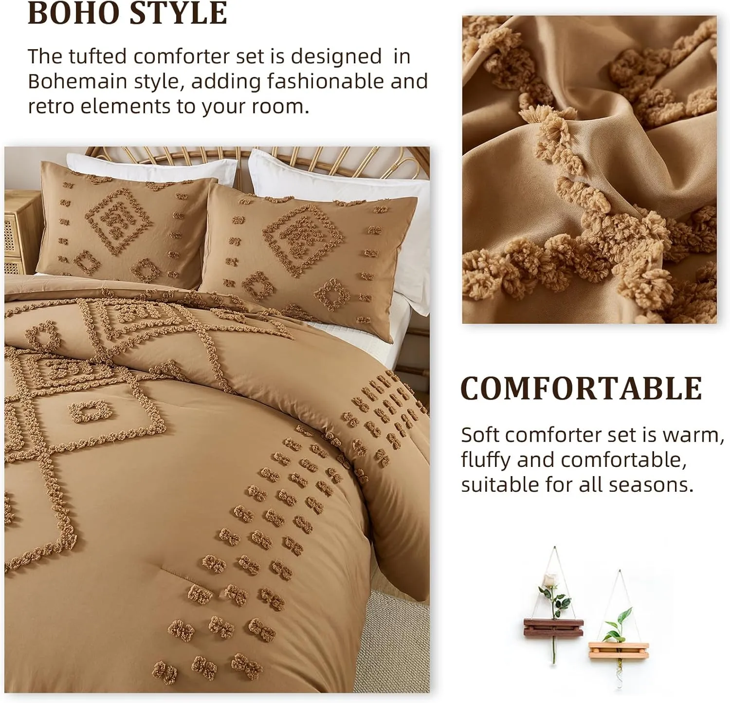 Dinjoy Burnt Orange Bed in Bag King,Tufted Boho Comforter Set King Size,Fluffy Fall Comforters 3 PCS Geometric Shabby Chic Embroidery Bedding Bed Set for All Seasons