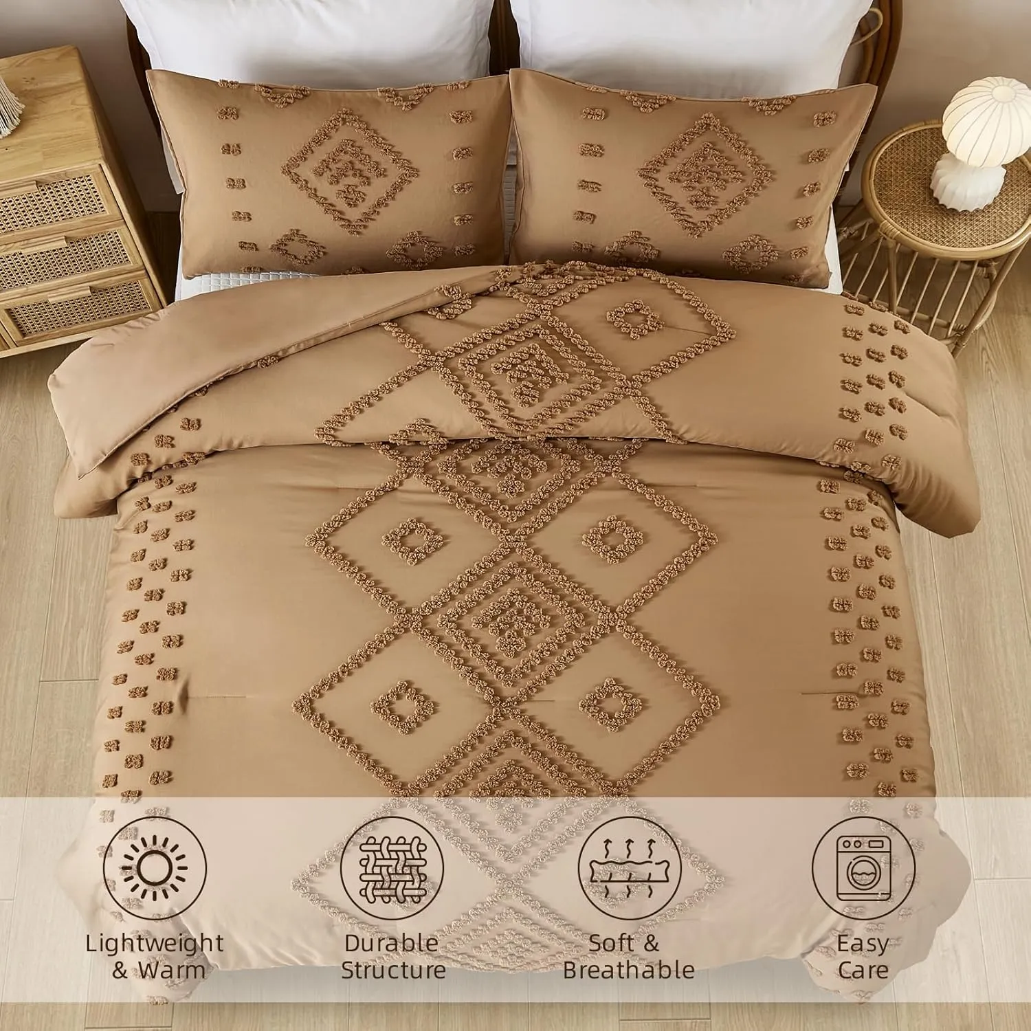 Dinjoy Burnt Orange Bed in Bag King,Tufted Boho Comforter Set King Size,Fluffy Fall Comforters 3 PCS Geometric Shabby Chic Embroidery Bedding Bed Set for All Seasons