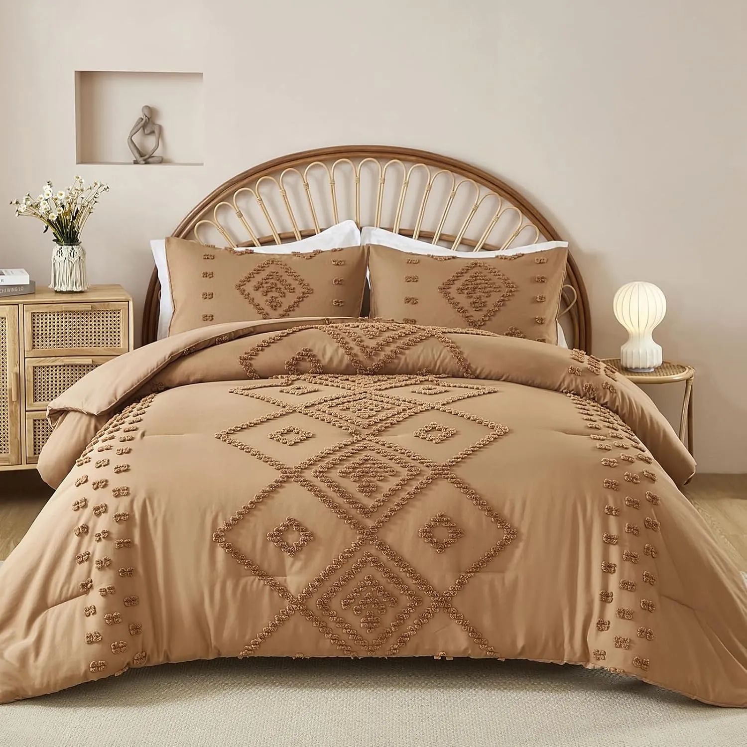 Dinjoy Burnt Orange Bed in Bag King,Tufted Boho Comforter Set King Size,Fluffy Fall Comforters 3 PCS Geometric Shabby Chic Embroidery Bedding Bed Set for All Seasons