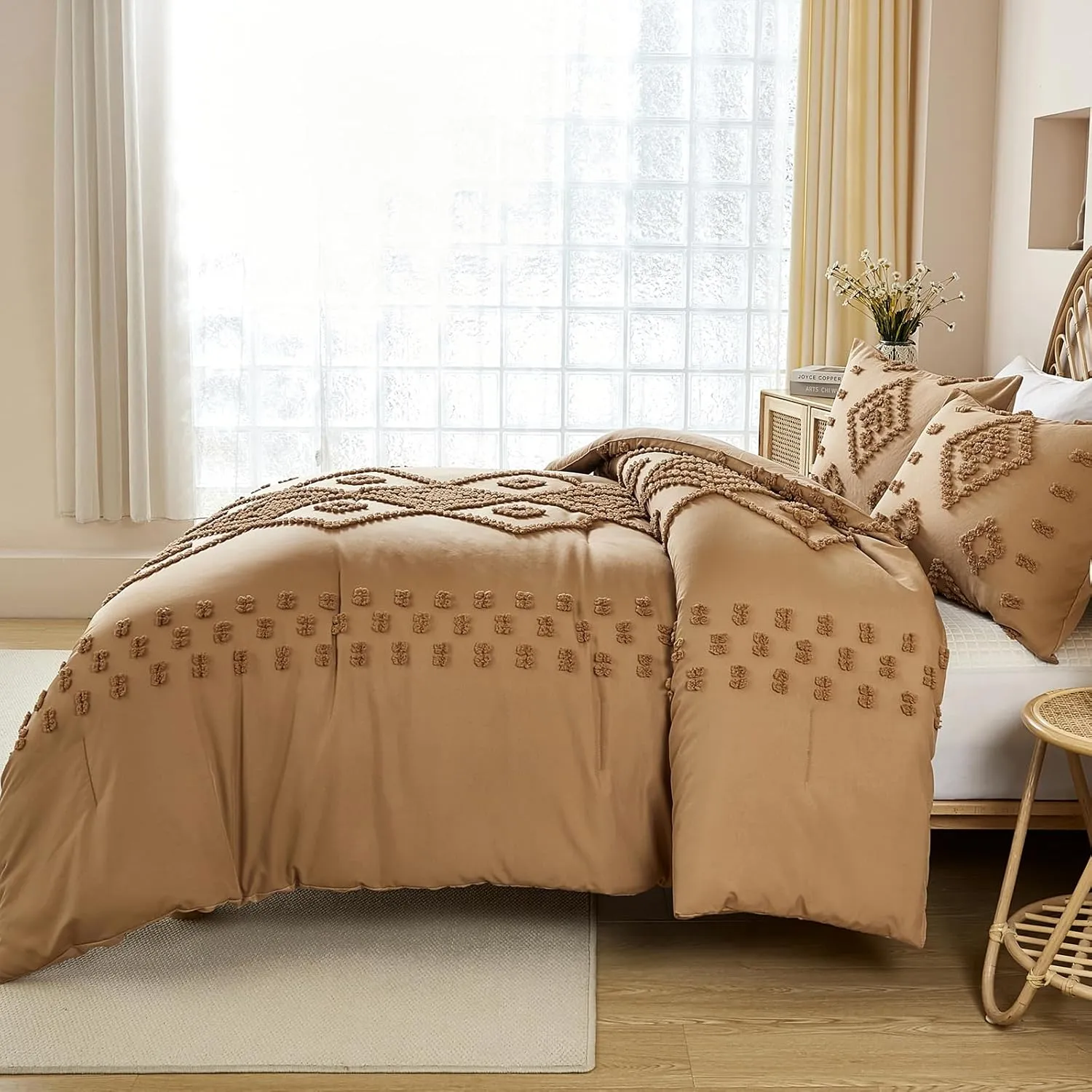 Dinjoy Burnt Orange Bed in Bag King,Tufted Boho Comforter Set King Size,Fluffy Fall Comforters 3 PCS Geometric Shabby Chic Embroidery Bedding Bed Set for All Seasons