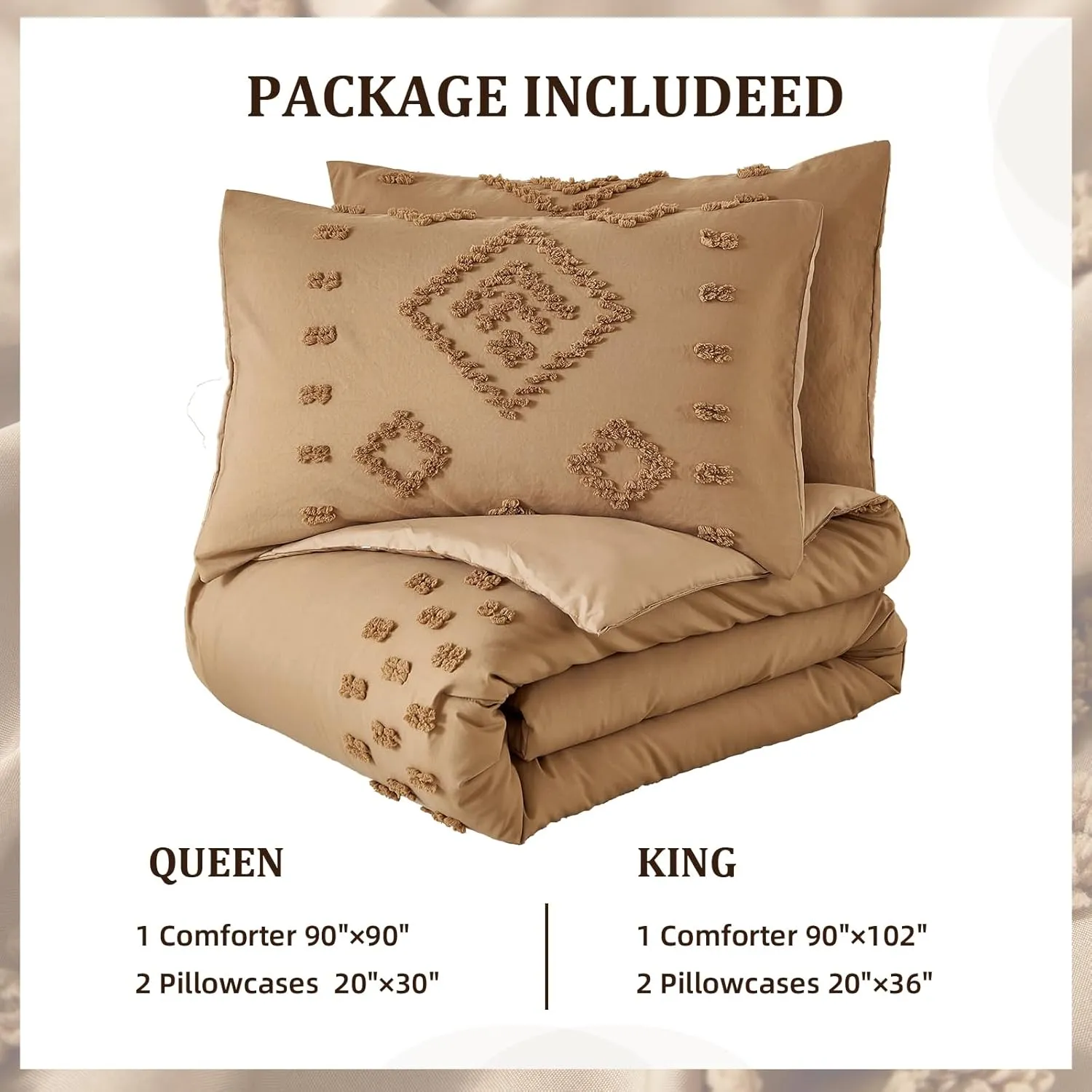 Dinjoy Burnt Orange Bed in Bag King,Tufted Boho Comforter Set King Size,Fluffy Fall Comforters 3 PCS Geometric Shabby Chic Embroidery Bedding Bed Set for All Seasons