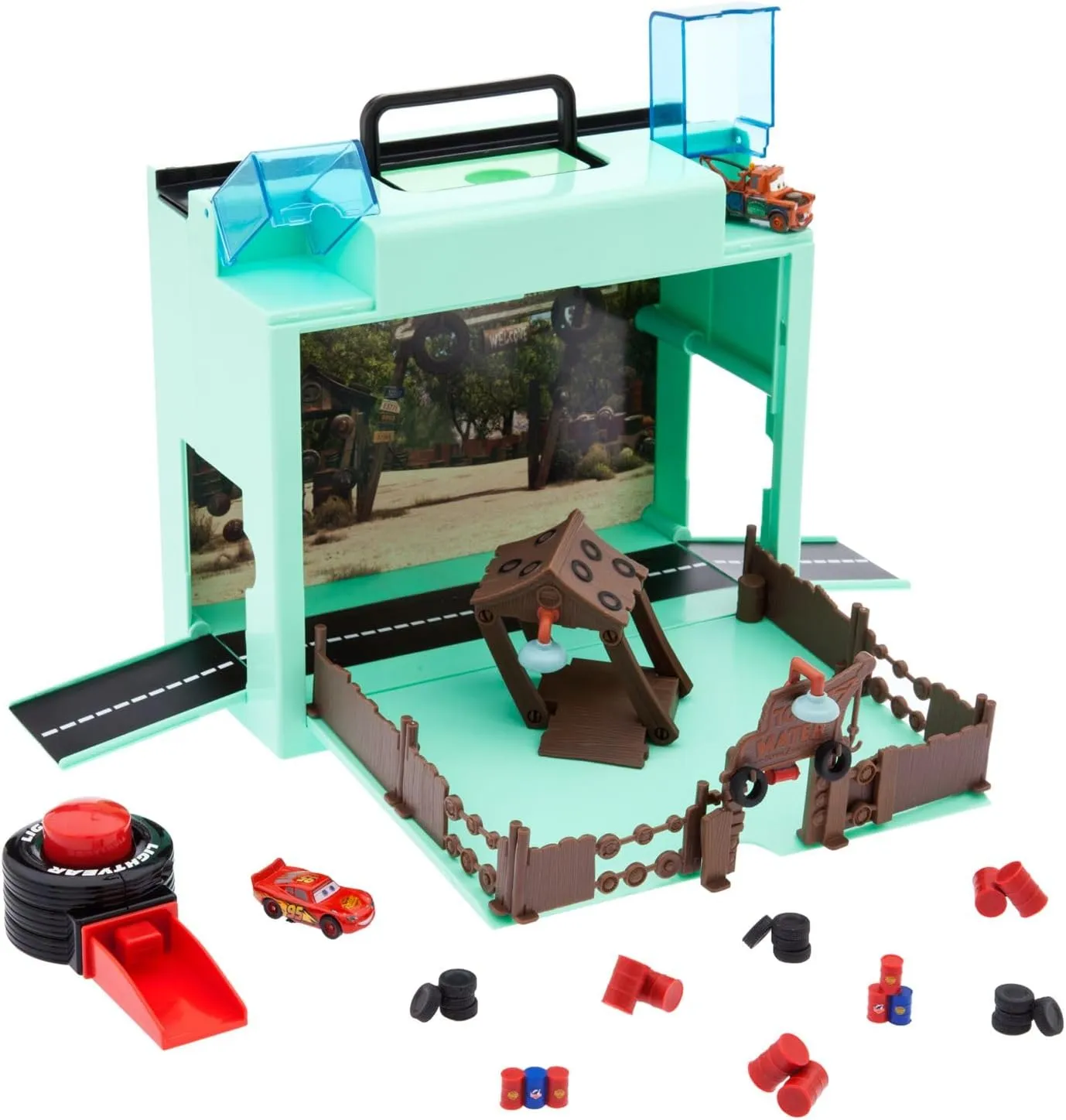 Disney Cars Disney Pixar Car Play Set - Toolbox Case with Lightning McQueen & Tow Mater Die Cast Cars, Launcher, Junkyard Shack and Accessories - Inspired by Disney Pixar Cars Films & Cars Land