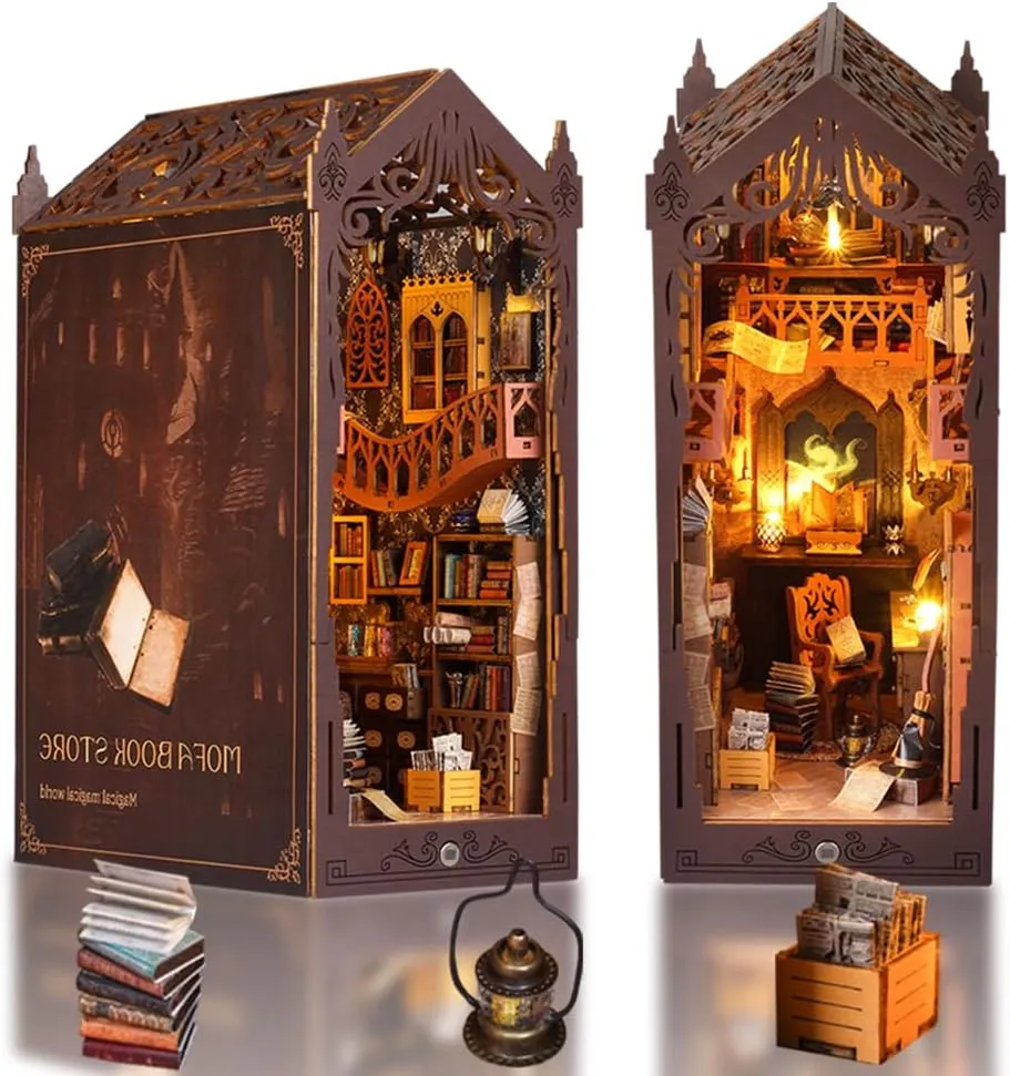 DIY Book Nook Kit, Miniature Dollhouse Booknook Kit with Light, 3D Wooden Puzzle Bookend Bookshelf Decor for Adults, Mothers Day, Magic Store