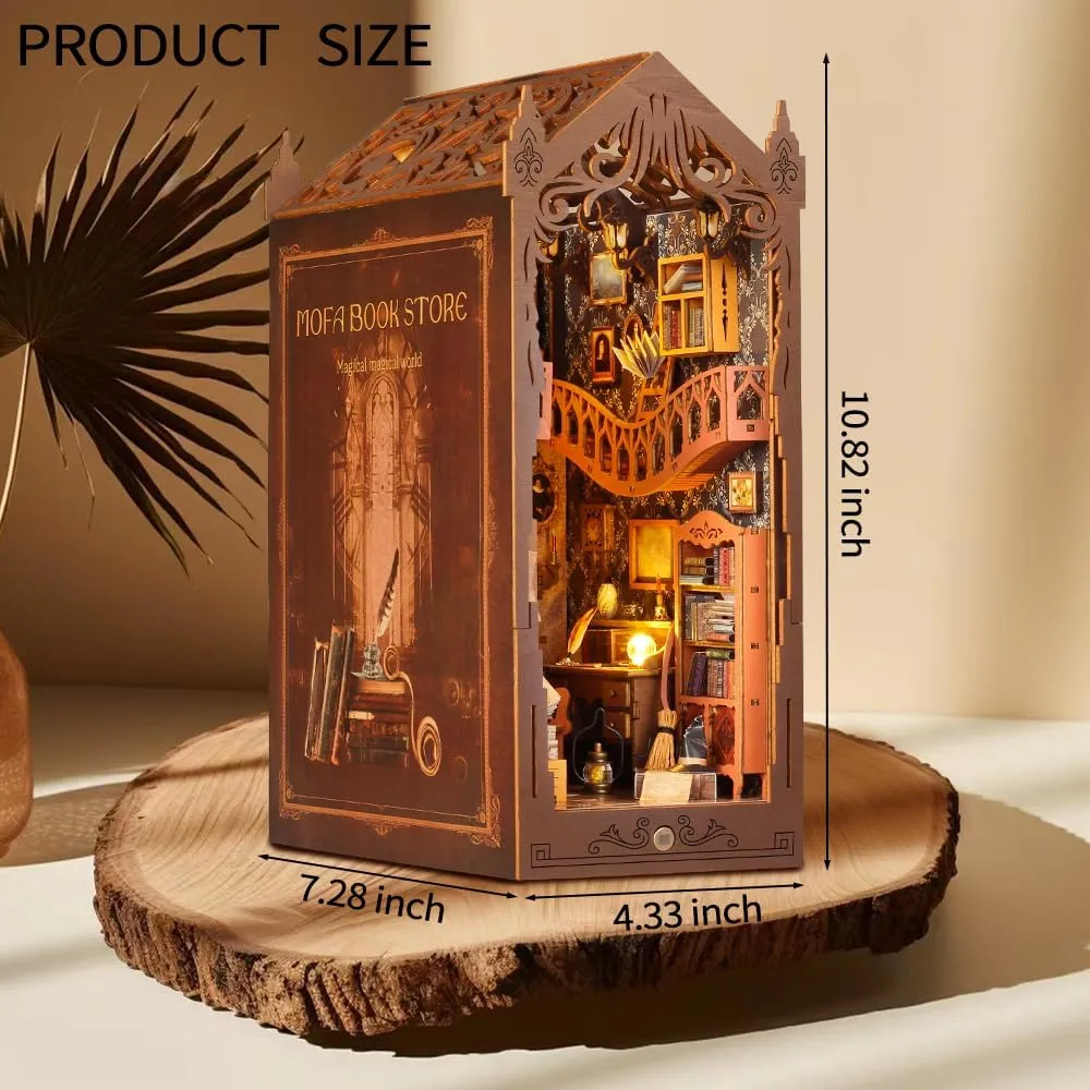 DIY Book Nook Kit, Miniature Dollhouse Booknook Kit with Light, 3D Wooden Puzzle Bookend Bookshelf Decor for Adults, Mothers Day, Magic Store