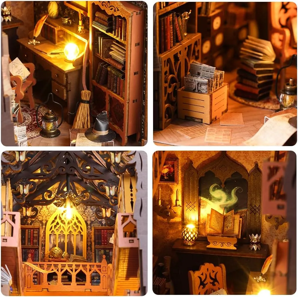 DIY Book Nook Kit, Miniature Dollhouse Booknook Kit with Light, 3D Wooden Puzzle Bookend Bookshelf Decor for Adults, Mothers Day, Magic Store