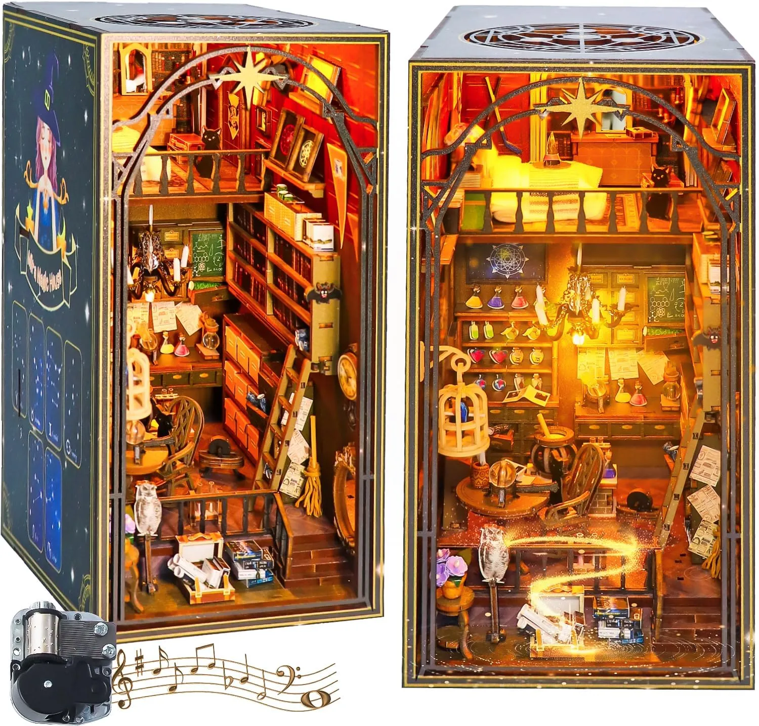 DIY Book Nook Kit, SMILESSKIDDO 3D Wooden Puzzles Magic House with Gear Drive and LED Lights, Miniature Dollhouse Bookshelf Insert Model Kits for Adults and Teens
