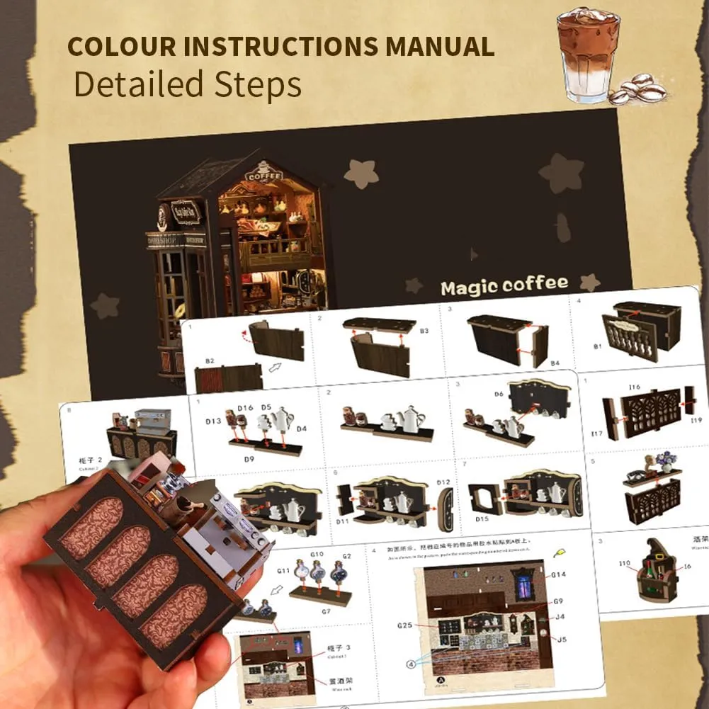 DIY Book Nook Kit,3D Wooden Puzzle Dollhouse Kit Booknook Miniature Kit DIY Book Nook Kits for Adults and Teens Tiny House (Magic Coffee House)