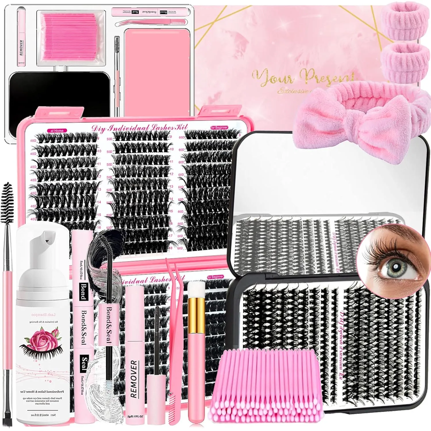DIY Fluffy Lash Extension Kit 900Pcs D Curl 9-18mm Lash with Lash Bond and Seal,Quick Glue Remover Lash Shampoo Cleansing Brush Wristband Tweezers Eyelash Brush Mini Applicator