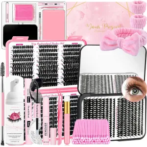 DIY Fluffy Lash Extension Kit 900Pcs D Curl 9-18mm Lash with Lash Bond and Seal,Quick Glue Remover Lash Shampoo Cleansing Brush Wristband Tweezers Eyelash Brush Mini Applicator