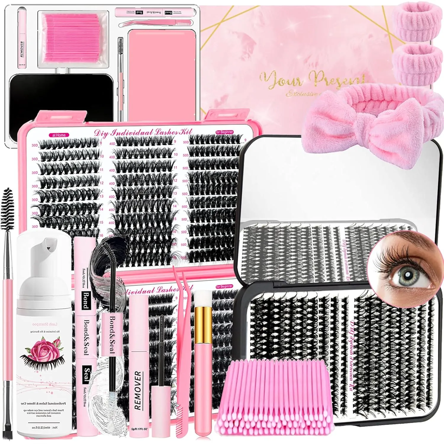 DIY Fluffy Lash Extension Kit 930Pcs D Curl 9-18mm Lash with Lash Bond and Seal,Quick Glue Remover Lash Shampoo Cleansing Brush Wristband Tweezers Eyelash Brush Mini Applicator