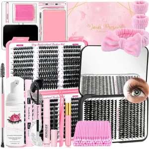 DIY Fluffy Lash Extension Kit 930Pcs D Curl 9-18mm Lash with Lash Bond and Seal,Quick Glue Remover Lash Shampoo Cleansing Brush Wristband Tweezers Eyelash Brush Mini Applicator