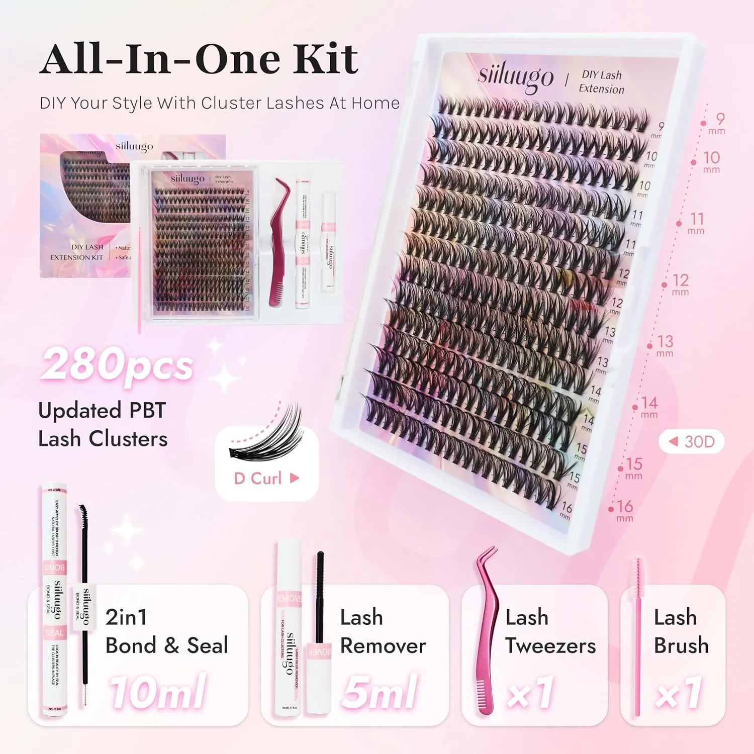 DIY Lash Extensions Kit 280PCS Individual Lashes Clusters,9-16mm MIX 30D Fluffy and Natural False Eyelashes,Wispy and Volumn,with Lash Bond and Seal,Tweezers,Glue Remover,Easy Use At Home