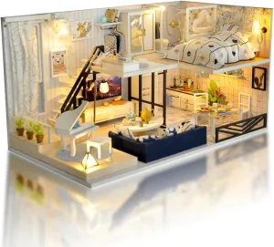 DIY Miniature Dollhouse Kit, Mini House Making Kit with Furnitures and Dust Cover, Tiny House Kit to Build for Adults, Hobby Craft Gift for Mothers Day, Loft House
